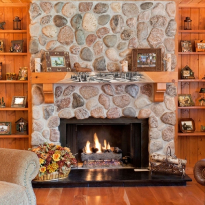 Wisconsin, stone, fireplace, winter. cabin